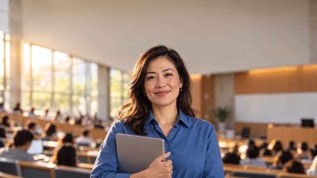Professora universitária sorrindo, com camisa social azul, segurando um notebook, em um auditório universitário moderno