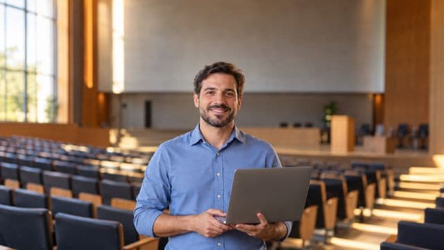 Professor universitário sorrindo, com camisa social azul, segurando um notebook, em um auditório universitário moderno