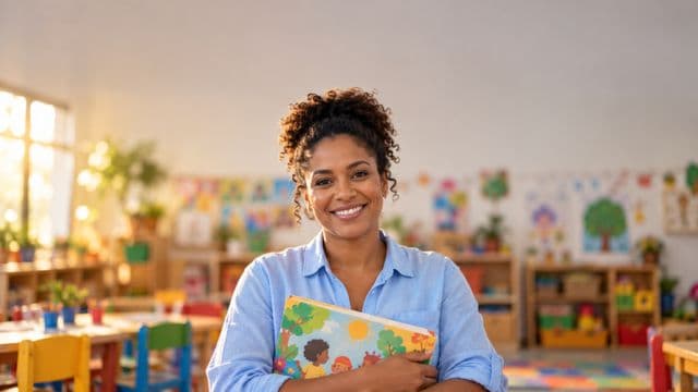 Professora de educação infantil sorrindo, com camisa casual azul-clara, segurando um livro infantil colorido sem título, em uma sala de aula infantil alegre, com mesinhas e desenhos nas paredes