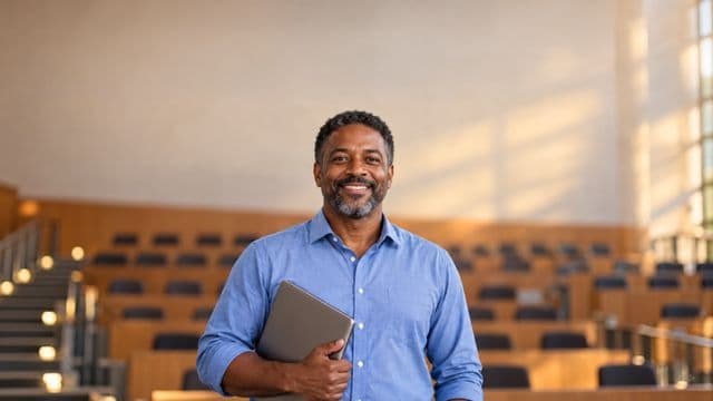Professor universitário sorrindo, com camisa social azul, segurando um notebook, em um auditório universitário moderno