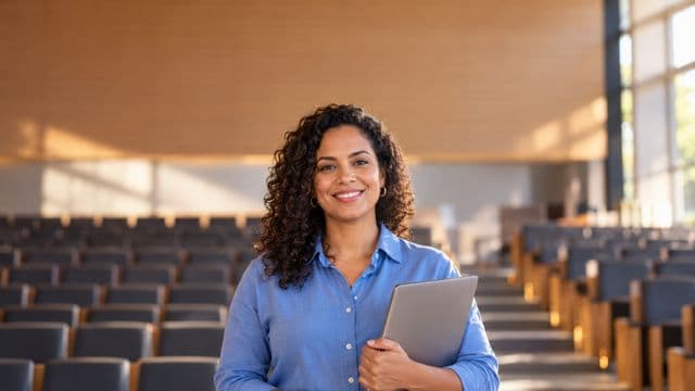 Professora universitária sorrindo, com camisa social azul, segurando um notebook, em um auditório universitário moderno