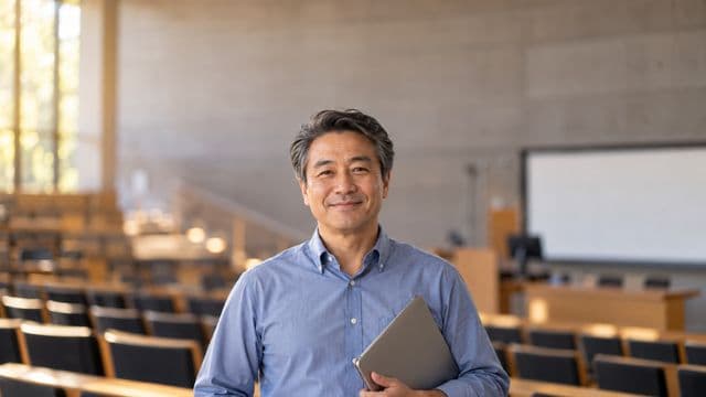 Professor universitário sorrindo, com camisa social azul, segurando um notebook, em um auditório universitário moderno