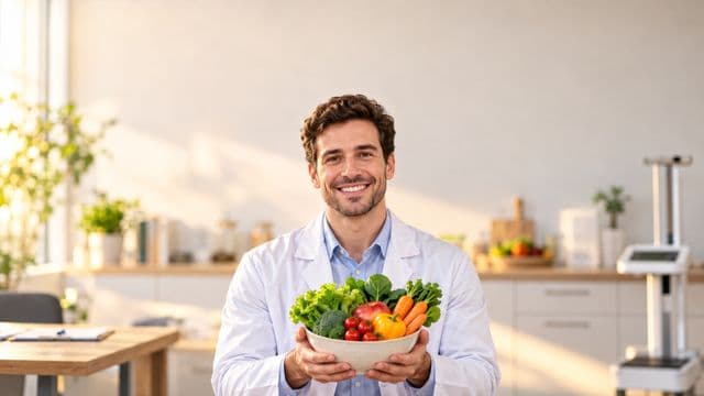 Nutricionista sorrindo, com jaleco branco sobre camisa azul-clara, segurando uma tigela de frutas e legumes frescos, em um consultório de nutrição claro com bancada e balança