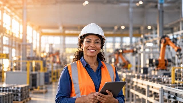 Engenheira de produção sorrindo, com capacete branco e colete laranja sobre camisa azul, segurando um tablet, em uma fábrica moderna com linha de produção e braços robóticos