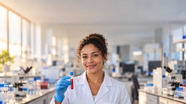 Biomédica sorrindo, com jaleco branco e luvas azuis, segurando um tubo de ensaio, em um laboratório de análises clínicas com microscópios e bancadas