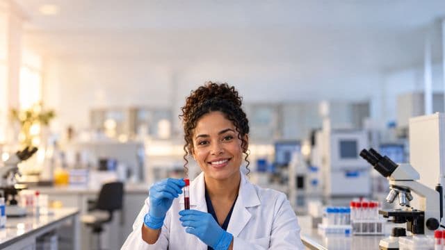 Biomédica sorrindo, com jaleco branco e luvas azuis, segurando um tubo de ensaio, em um laboratório de análises clínicas com microscópios e bancadas