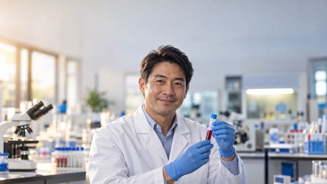 Biomédico sorrindo, com jaleco branco e luvas azuis, segurando um tubo de ensaio, em um laboratório de análises clínicas com microscópios e bancadas