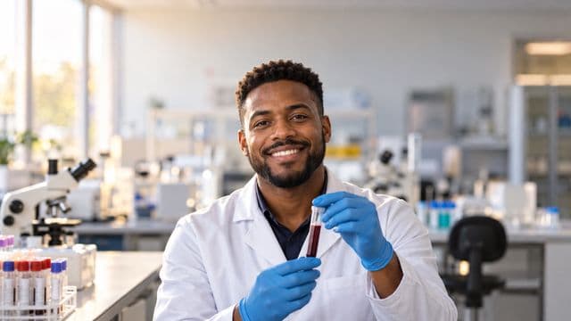 Biomédico sorrindo, com jaleco branco e luvas azuis, segurando um tubo de ensaio, em um laboratório de análises clínicas com microscópios e bancadas