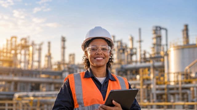Engenheira industrial sorrindo, com capacete branco, óculos de proteção e colete laranja, segurando um tablet, em uma planta industrial com tubulações