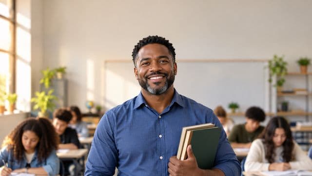 Professor sorrindo, com camisa social azul, segurando livros de capa lisa, em uma sala de aula moderna e clara com alunos desfocados