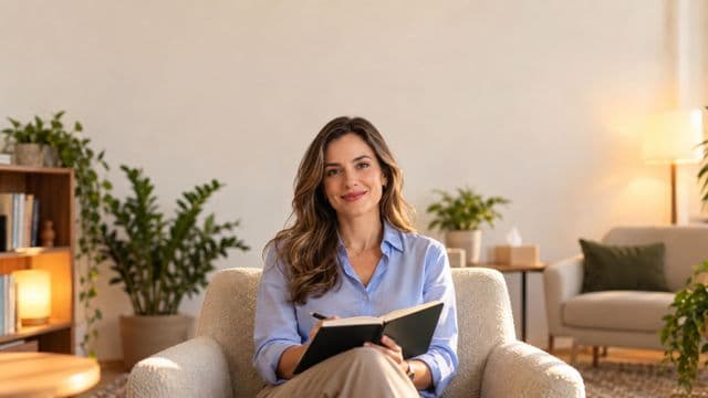 Psicóloga sorrindo, com camisa social azul, sem gravata, segurando um caderno de anotações, em um consultório de psicologia aconchegante com poltronas e plantas