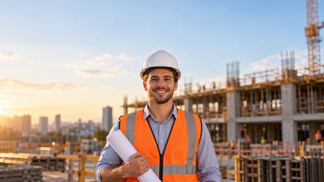 Engenheiro civil sorrindo, com capacete branco e colete refletivo laranja, segurando uma planta da obra enrolada, em um canteiro de obras com a estrutura de um prédio