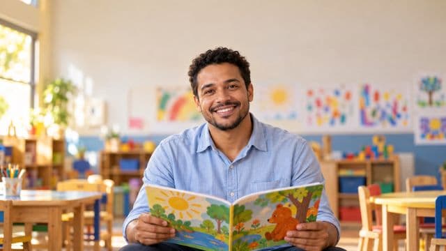 Professor de educação infantil sorrindo, com camisa casual azul-clara, segurando um livro infantil colorido sem título, em uma sala de aula infantil alegre, com mesinhas e desenhos nas paredes