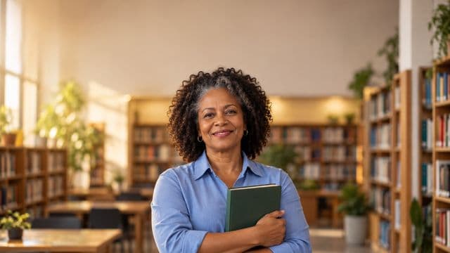 Professora de ciências humanas sorrindo, com camisa social azul, segurando um livro de capa lisa, em uma biblioteca universitária com estantes