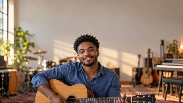 Professor de música sorrindo, com camisa casual azul, segurando um violão, em uma sala de música com instrumentos