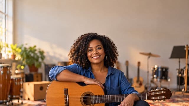 Professora de música sorrindo, com camisa casual azul, segurando um violão, em uma sala de música com instrumentos