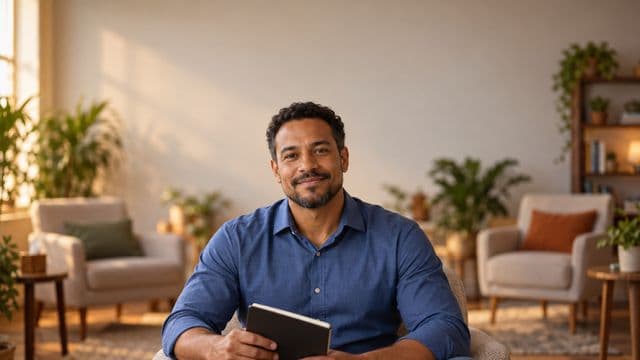 Psicólogo sorrindo, com camisa social azul, sem gravata, segurando um caderno de anotações, em um consultório de psicologia aconchegante com poltronas e plantas