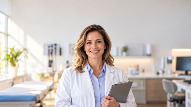 Profissional de saúde sorrindo, com jaleco branco sobre camisa azul-clara, segurando uma prancheta, em uma clínica moderna e bem iluminada