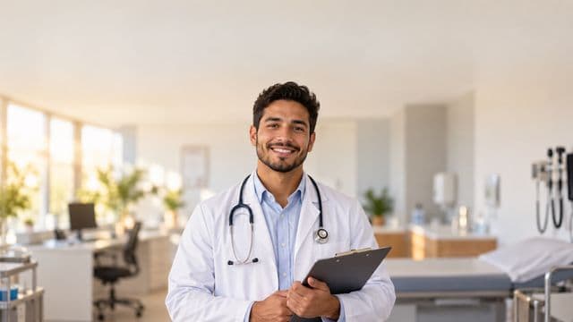 Médico sorrindo, com jaleco branco e estetoscópio, segurando uma prancheta, em um consultório médico moderno e bem iluminado