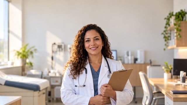 Médica sorrindo, com jaleco branco e estetoscópio, segurando uma prancheta, em um consultório médico moderno e bem iluminado
