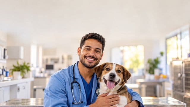 Médico veterinário sorrindo, com jaleco azul e estetoscópio, segurando com carinho um cachorro de porte médio, em uma clínica veterinária moderna e clara