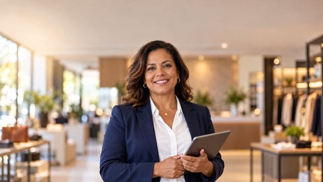 Gerente comercial sorrindo, com blazer azul-marinho sobre camisa branca, segurando um tablet, em uma loja moderna e bem iluminada