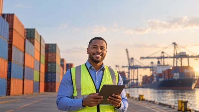 Analista de comércio exterior sorrindo, com camisa social azul e colete refletivo, segurando um tablet, em um porto com contêineres coloridos empilhados