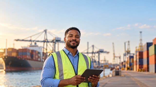 Analista de comércio exterior sorrindo, com camisa social azul e colete refletivo, segurando um tablet, em um porto com contêineres coloridos empilhados