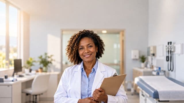 Profissional de saúde sorrindo, com jaleco branco sobre camisa azul-clara, segurando uma prancheta, em uma clínica moderna e bem iluminada
