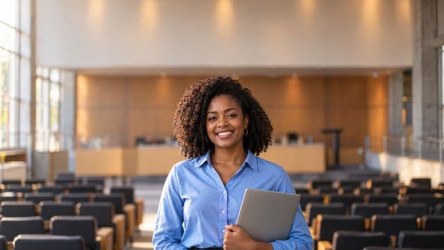 Professora universitária sorrindo, com camisa social azul, segurando um notebook, em um auditório universitário moderno