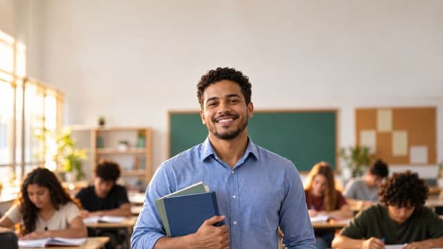 Professor sorrindo, com camisa social azul, segurando livros de capa lisa, em uma sala de aula moderna e clara com alunos desfocados