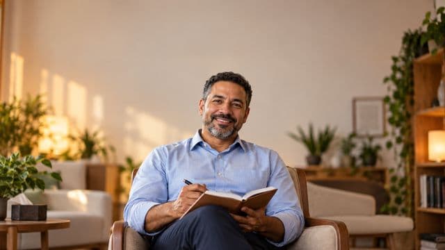 Psicólogo sorrindo, com camisa social azul, sem gravata, segurando um caderno de anotações, em um consultório de psicologia aconchegante com poltronas e plantas