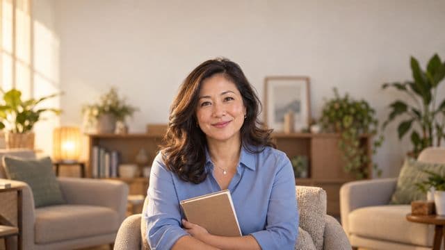 Psicóloga sorrindo, com camisa social azul, sem gravata, segurando um caderno de anotações, em um consultório de psicologia aconchegante com poltronas e plantas