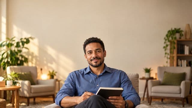 Psicólogo sorrindo, com camisa social azul, sem gravata, segurando um caderno de anotações, em um consultório de psicologia aconchegante com poltronas e plantas