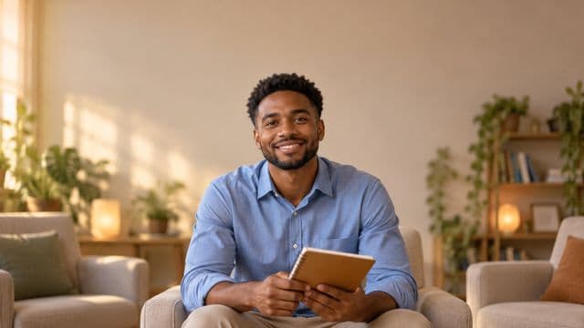 Psicólogo sorrindo, com camisa social azul, sem gravata, segurando um caderno de anotações, em um consultório de psicologia aconchegante com poltronas e plantas