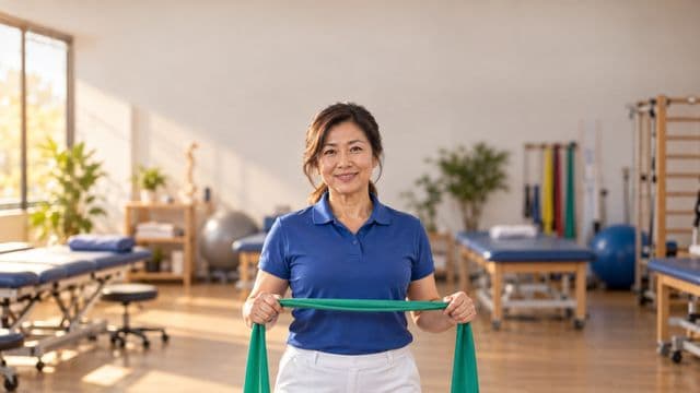 Fisioterapeuta sorrindo, com camisa polo azul e calça branca, segurando uma faixa elástica de exercício, em uma clínica de fisioterapia com macas e aparelhos