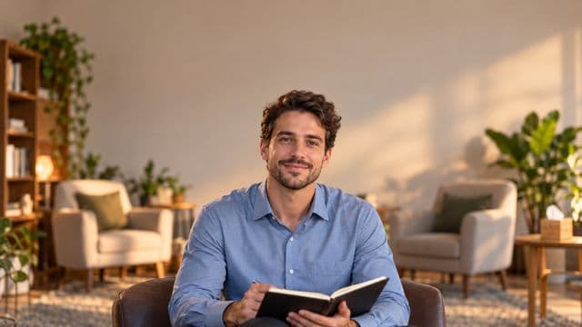 Psicólogo sorrindo, com camisa social azul, sem gravata, segurando um caderno de anotações, em um consultório de psicologia aconchegante com poltronas e plantas