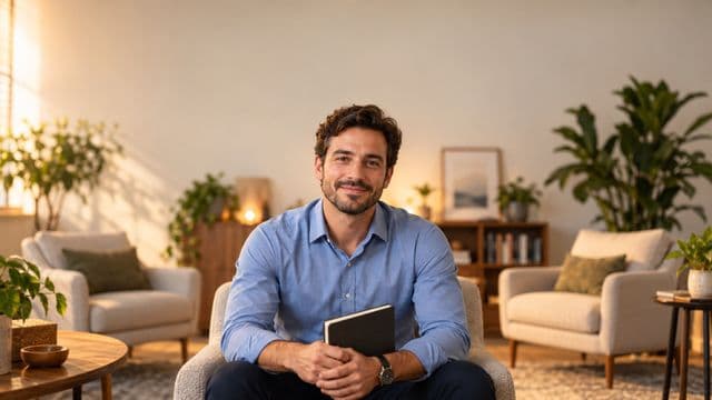 Psicólogo sorrindo, com camisa social azul, sem gravata, segurando um caderno de anotações, em um consultório de psicologia aconchegante com poltronas e plantas