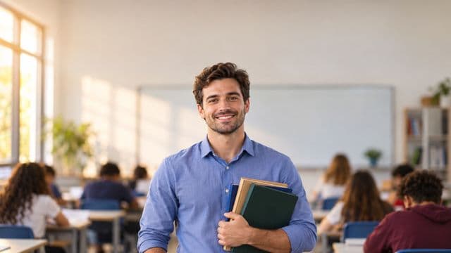 Professor sorrindo, com camisa social azul, segurando livros de capa lisa, em uma sala de aula moderna e clara com alunos desfocados