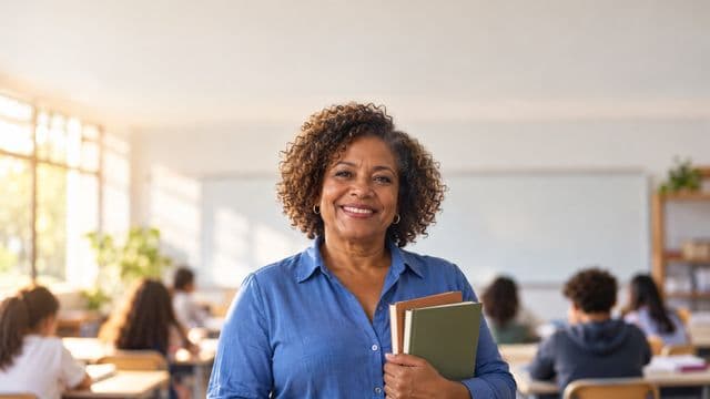 Professora sorrindo, com camisa social azul, segurando livros de capa lisa, em uma sala de aula moderna e clara com alunos desfocados