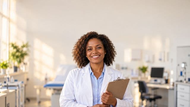 Profissional de saúde sorrindo, com jaleco branco sobre camisa azul-clara, segurando uma prancheta, em uma clínica moderna e bem iluminada