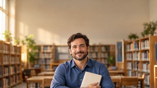 Professor de língua portuguesa sorrindo, com camisa social azul, segurando um livro de capa lisa, em uma biblioteca escolar com estantes
