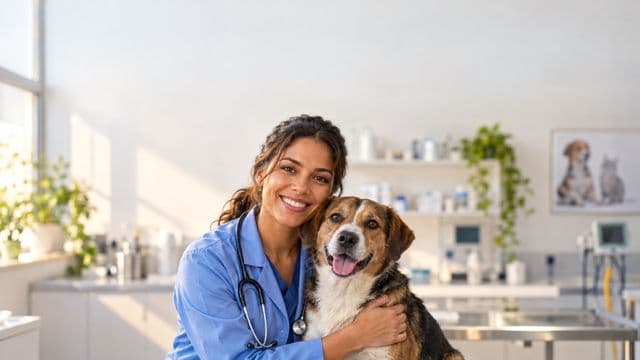Médica veterinária sorrindo, com jaleco azul e estetoscópio, segurando com carinho um cachorro de porte médio, em uma clínica veterinária moderna e clara