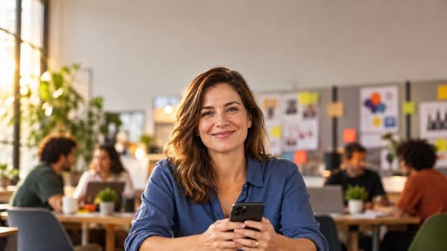 Profissional de marketing sorrindo, com camisa casual azul, segurando um smartphone, em uma agência criativa moderna com equipe desfocada e quadros de ideias