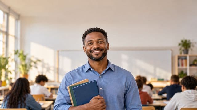 Professor sorrindo, com camisa social azul, segurando livros de capa lisa, em uma sala de aula moderna e clara com alunos desfocados
