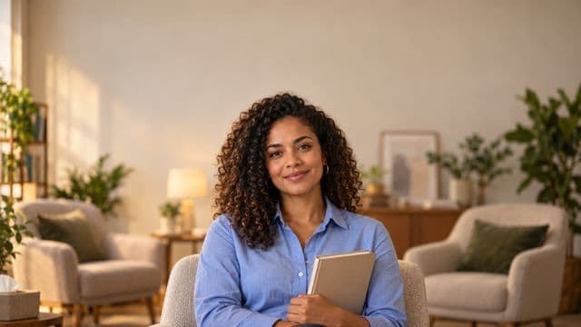 Psicóloga sorrindo, com camisa social azul, sem gravata, segurando um caderno de anotações, em um consultório de psicologia aconchegante com poltronas e plantas