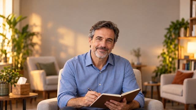 Psicólogo sorrindo, com camisa social azul, sem gravata, segurando um caderno de anotações, em um consultório de psicologia aconchegante com poltronas e plantas