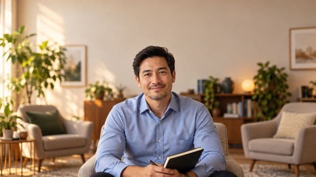 Psicólogo sorrindo, com camisa social azul, sem gravata, segurando um caderno de anotações, em um consultório de psicologia aconchegante com poltronas e plantas