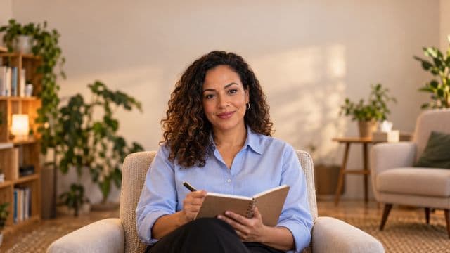 Psicóloga sorrindo, com camisa social azul, sem gravata, segurando um caderno de anotações, em um consultório de psicologia aconchegante com poltronas e plantas