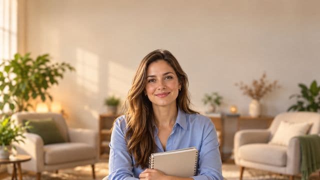 Psicóloga sorrindo, com camisa social azul, sem gravata, segurando um caderno de anotações, em um consultório de psicologia aconchegante com poltronas e plantas